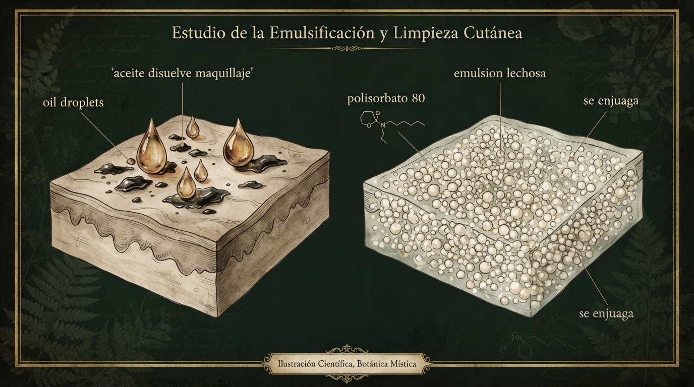 El aceite disuelve el maquillaje y el polisorbato lo emulsiona con agua