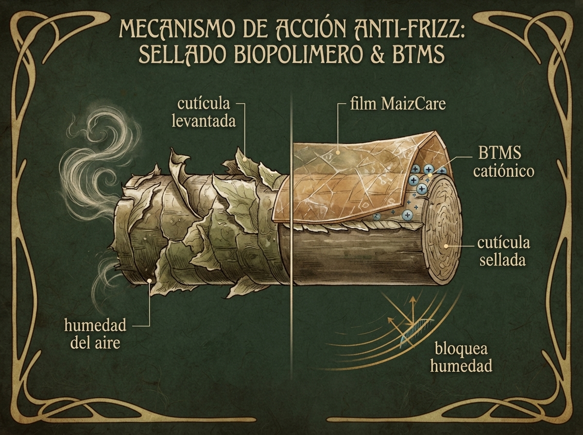 El film sella la cutícula y bloquea la humedad que causa el frizz