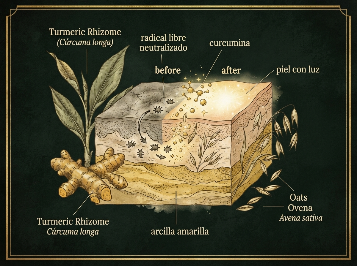 La curcumina revitaliza y la arcilla amarilla ilumina el cutis apagado